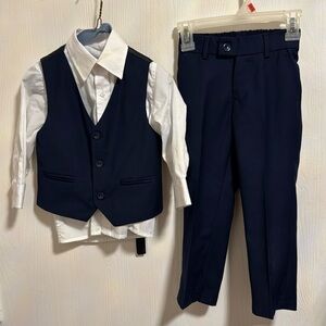 Little Boys Three Piece Suit Navy Blue Vest and Pants White Button Down Shirt 3‎
